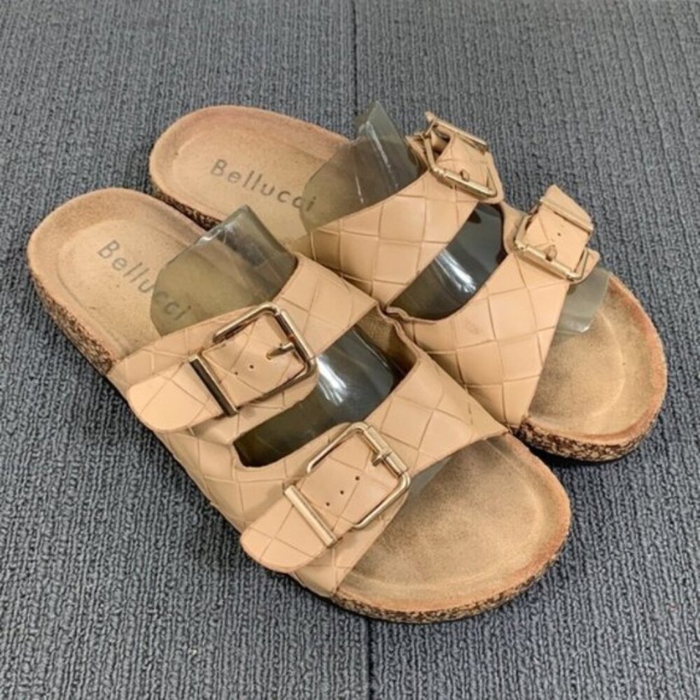 Bellucci Sandals Womens Size EU 41 US 9 Tan Faux Leather Woven Double Buckle